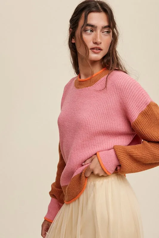 Pink Coloured Block Ribbed Knit Sweater