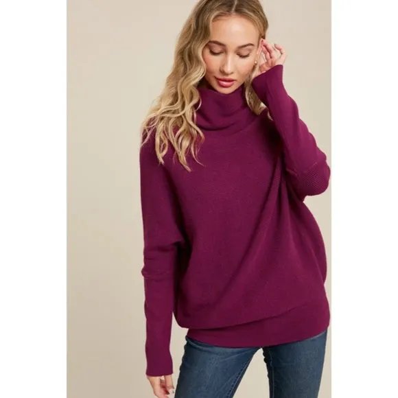 Plum Slouch Neck Dolman Knit Pullover Sweater Long Sleeve Casual Womens