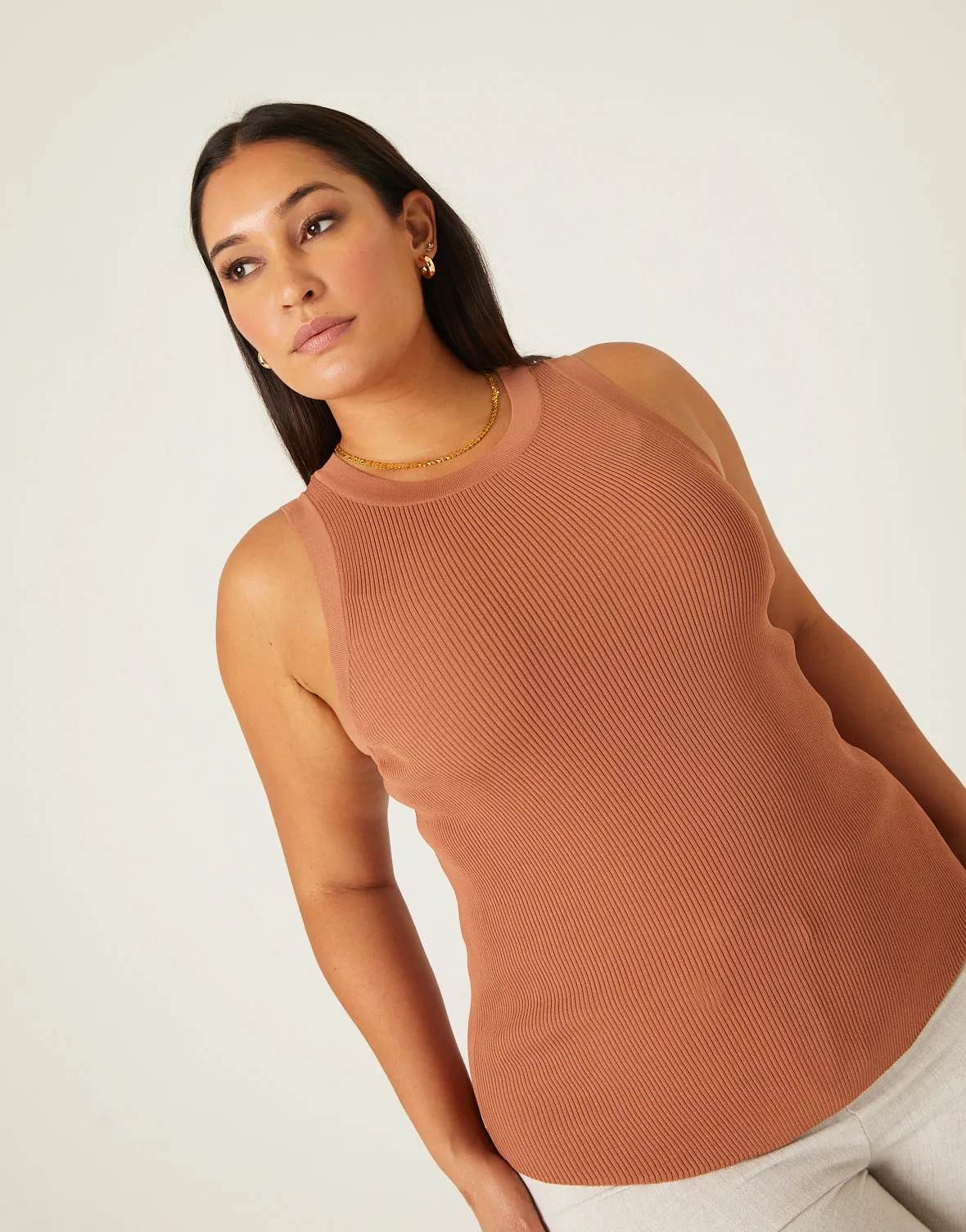 Plus Size High Neck Rib Knit Tank