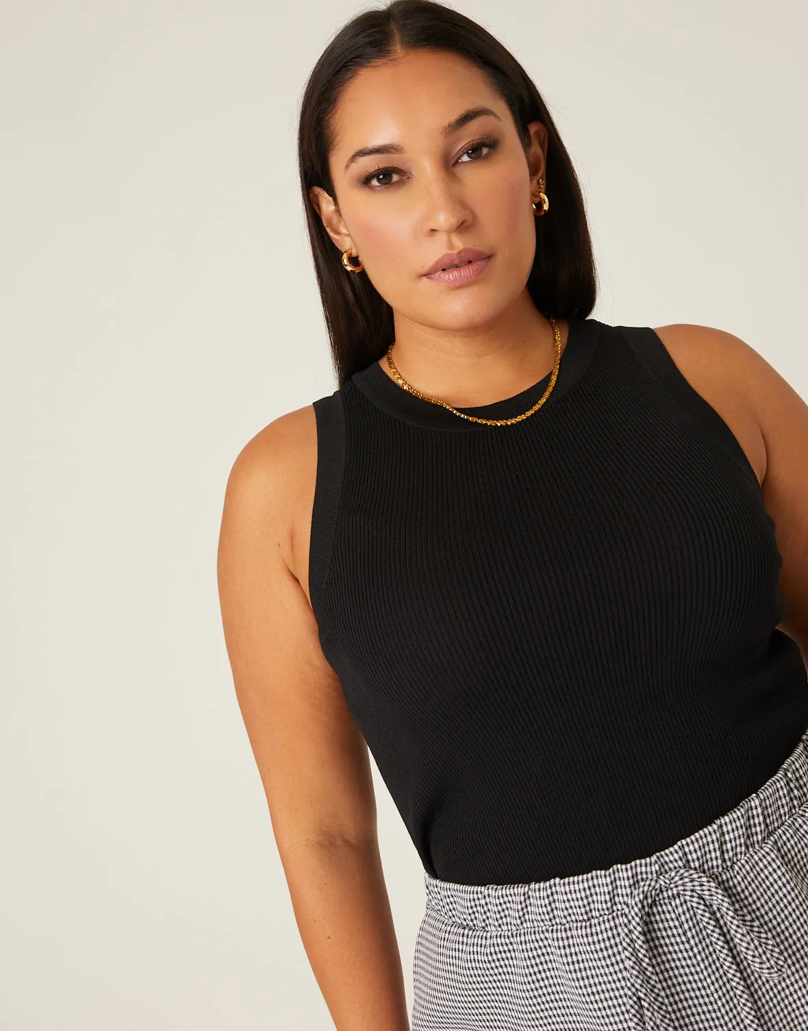 Plus Size High Neck Rib Knit Tank