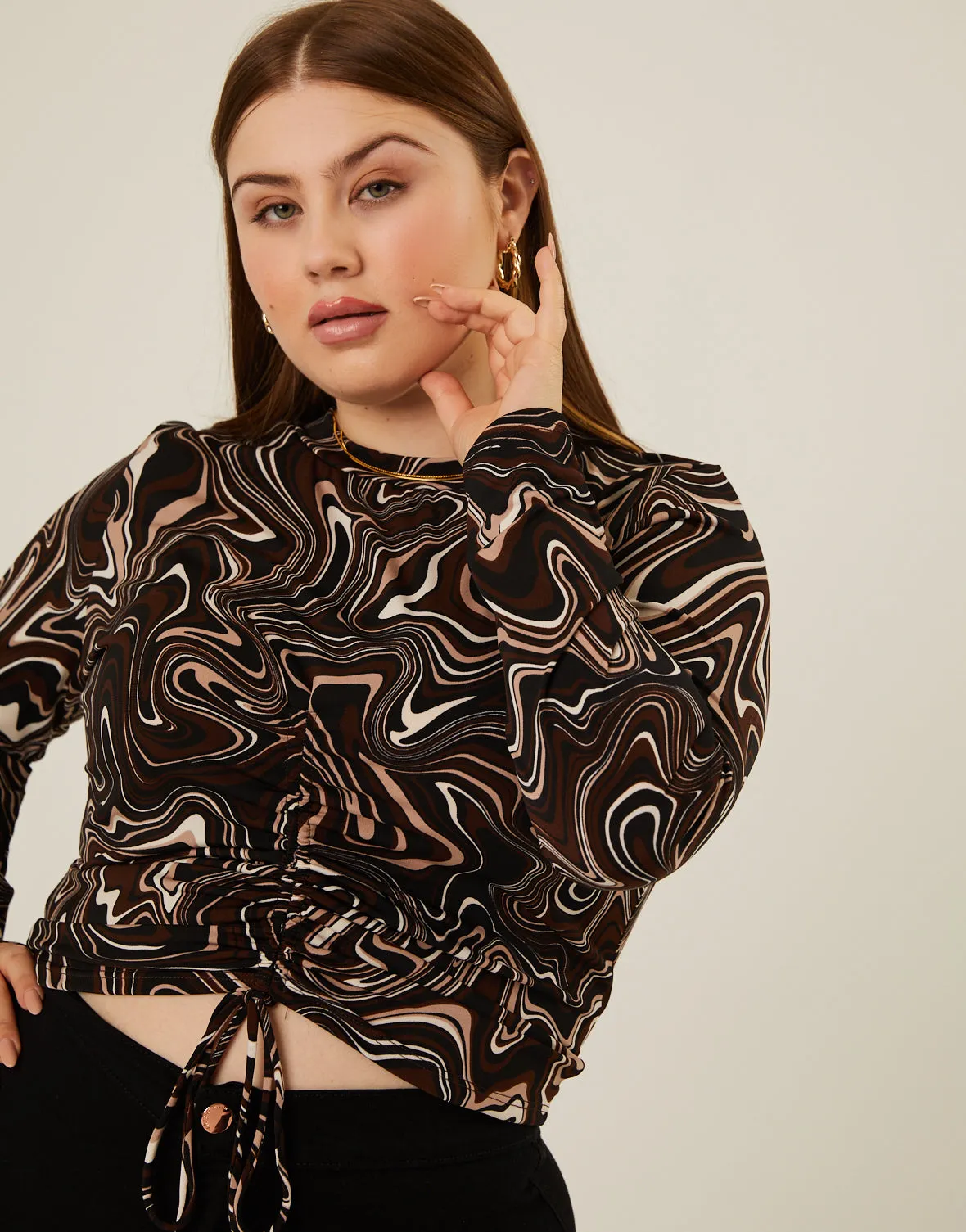 Plus Size Wavy Print Ruched Top