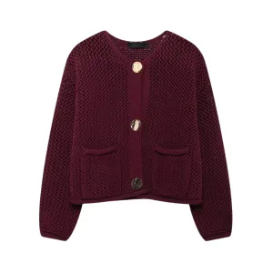 Pre Order:  Solid Round Neck Long Sleeve Knitted Cardigan