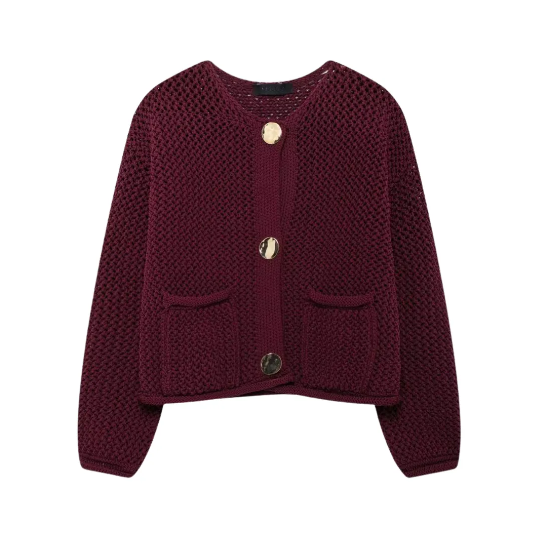 Pre Order:  Solid Round Neck Long Sleeve Knitted Cardigan