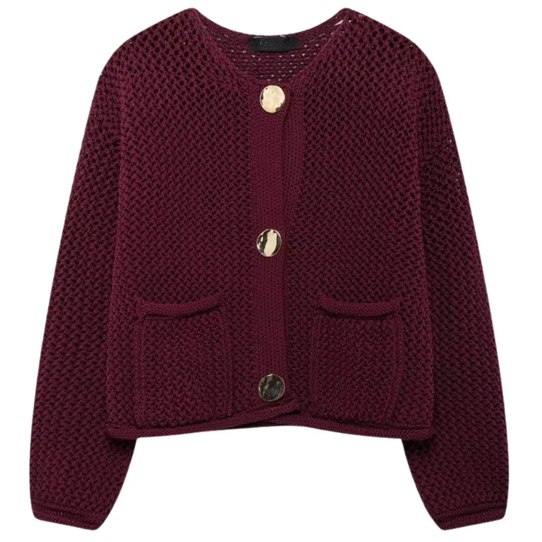 Pre Order:  Solid Round Neck Long Sleeve Knitted Cardigan