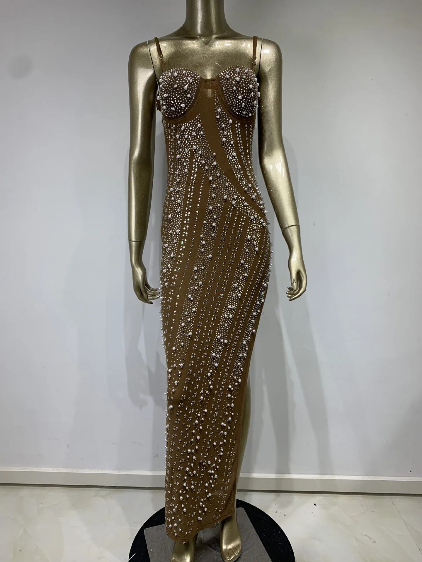 Pre Order:  Water Diamond Nail Beads Bodycon Maxi Dress