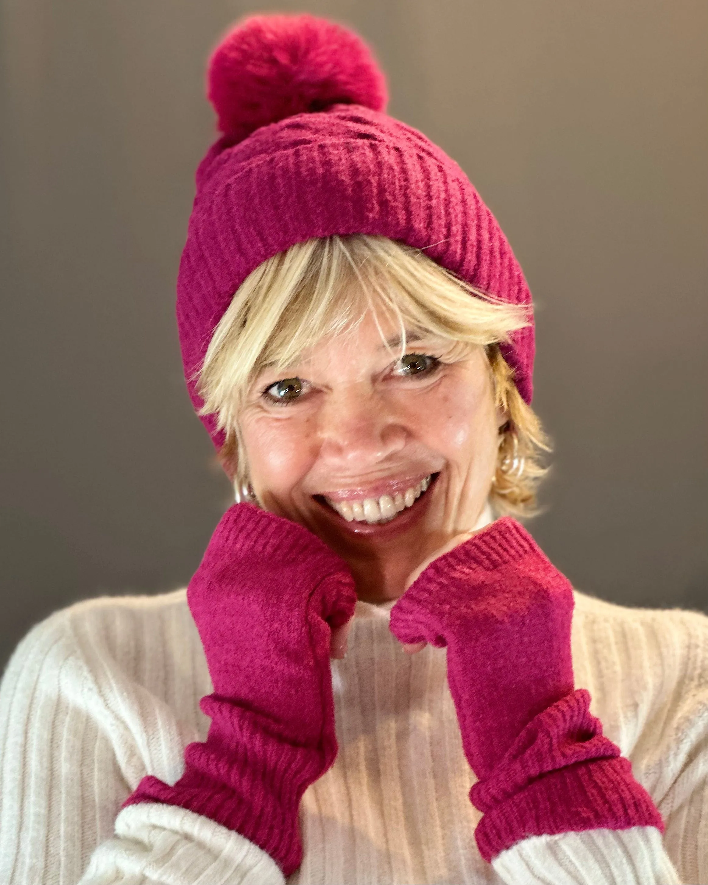 Recycled Magenta Cable Knit Pom Pom Hat