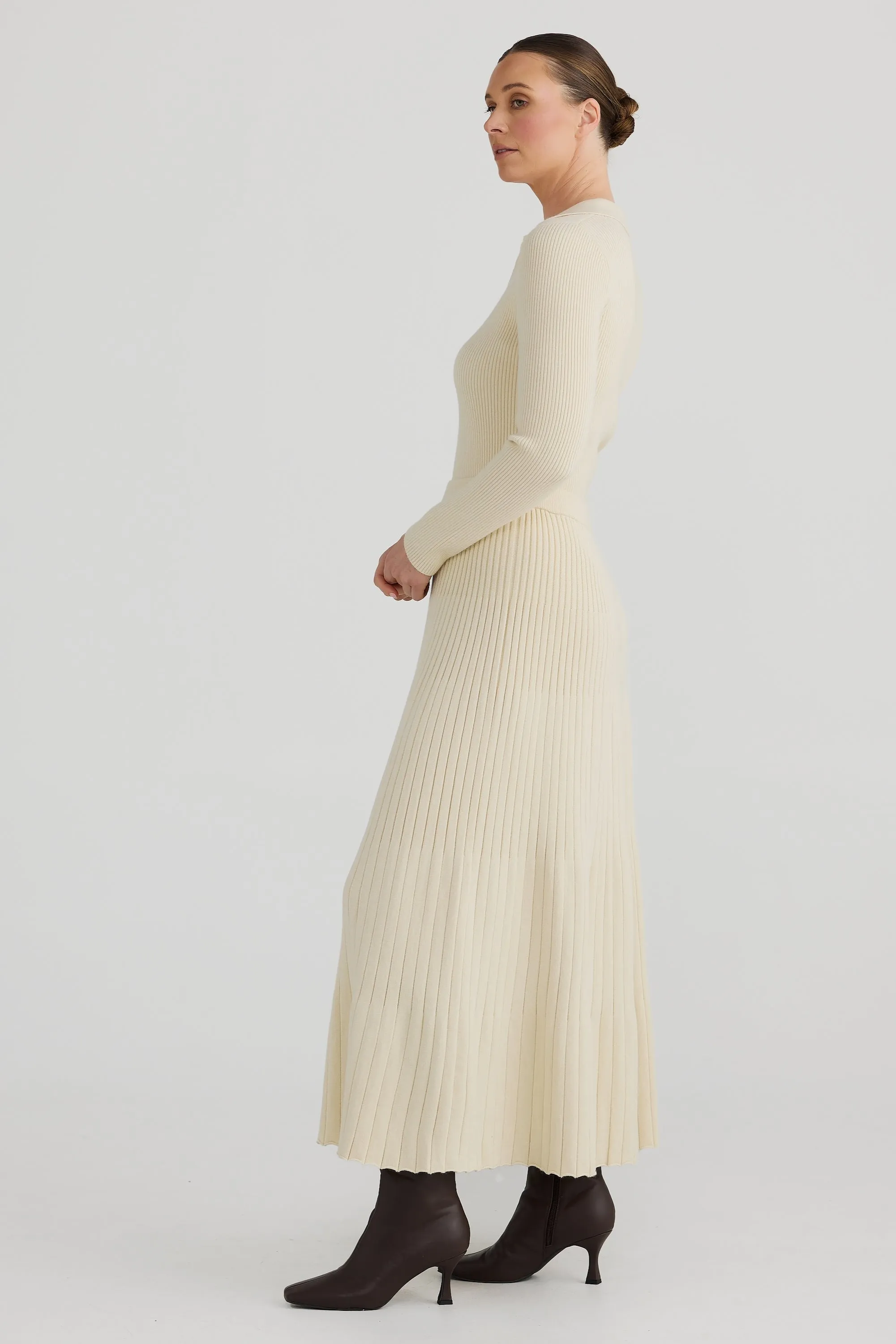 Ribbed Knit Midi Skirt - Bone