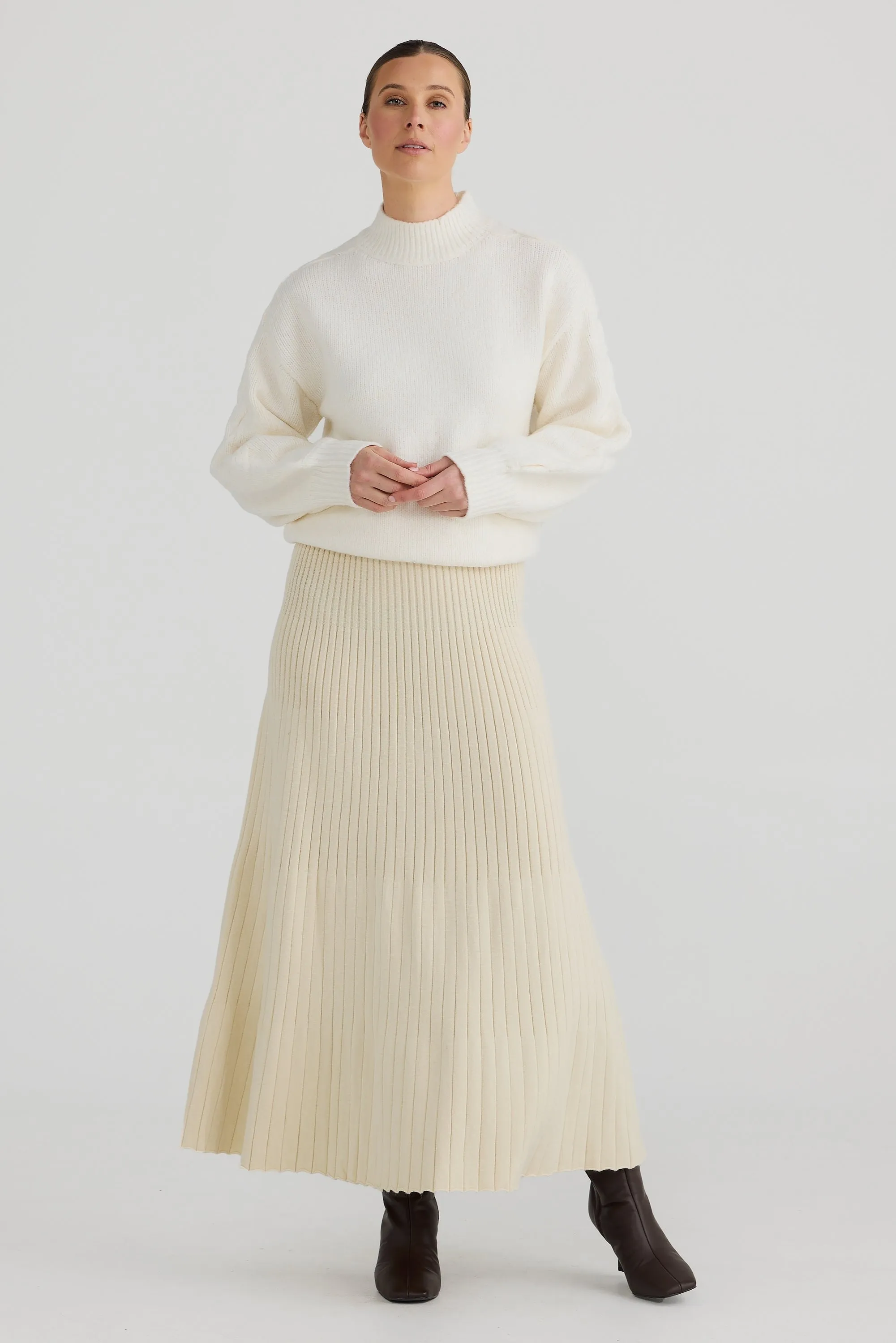 Ribbed Knit Midi Skirt - Bone