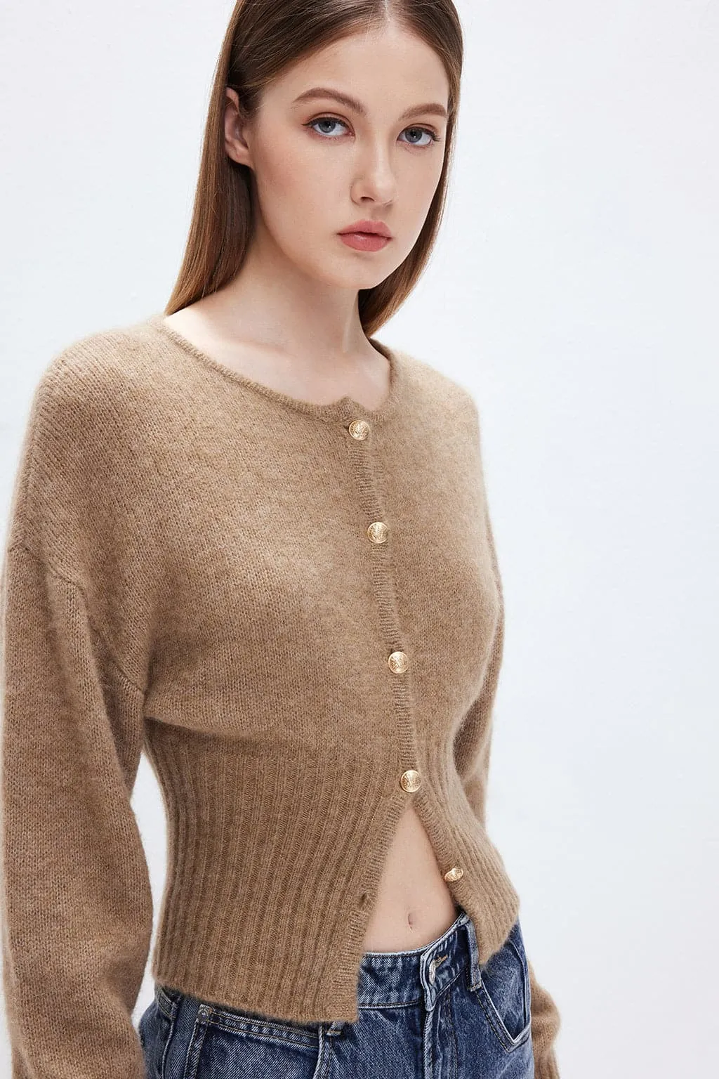 Round Neck Slim-Fit Cardigan With Gold Buttons