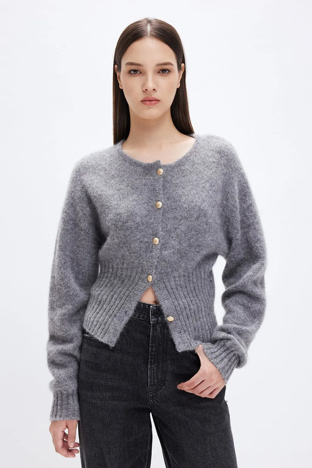 Round Neck Slim-Fit Cardigan With Gold Buttons