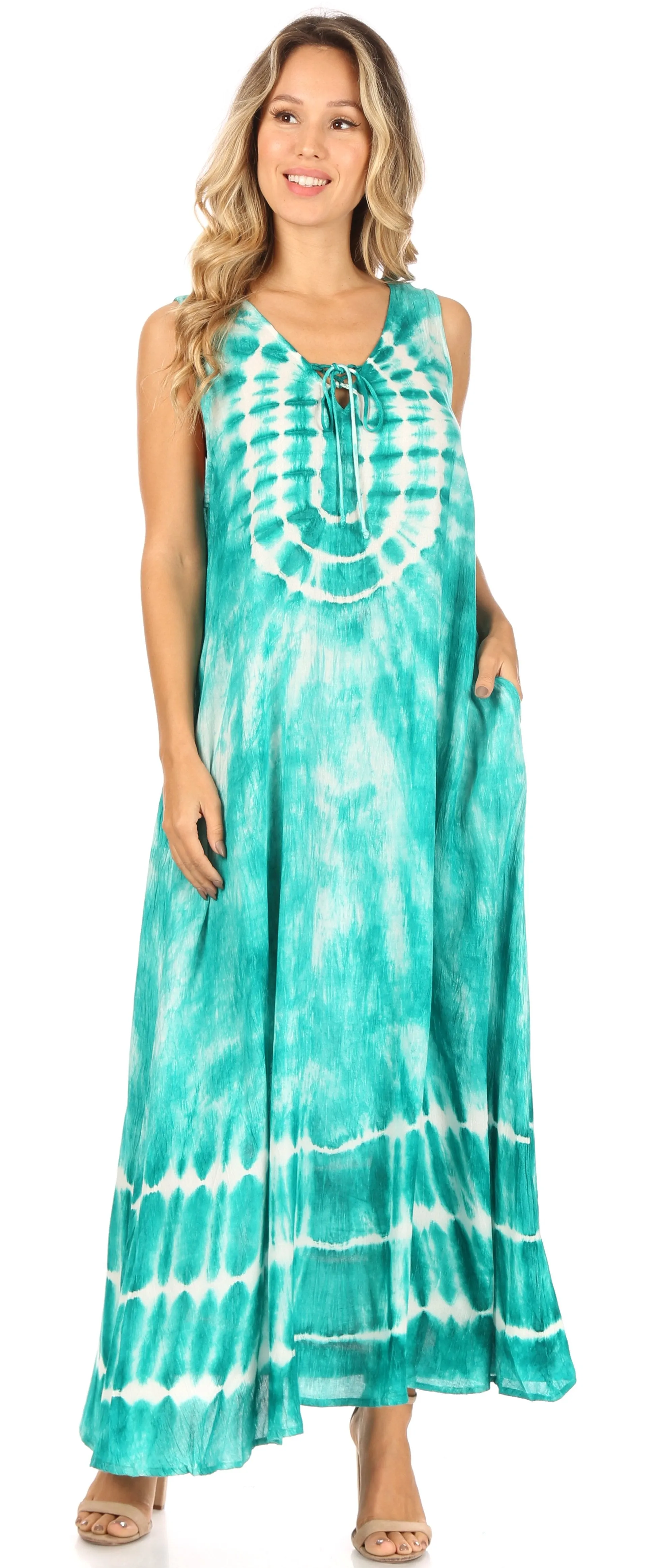 Sakkas Leonor Women's Maxi Sleeveless Tank Long Print Dress with Pockets and Ties