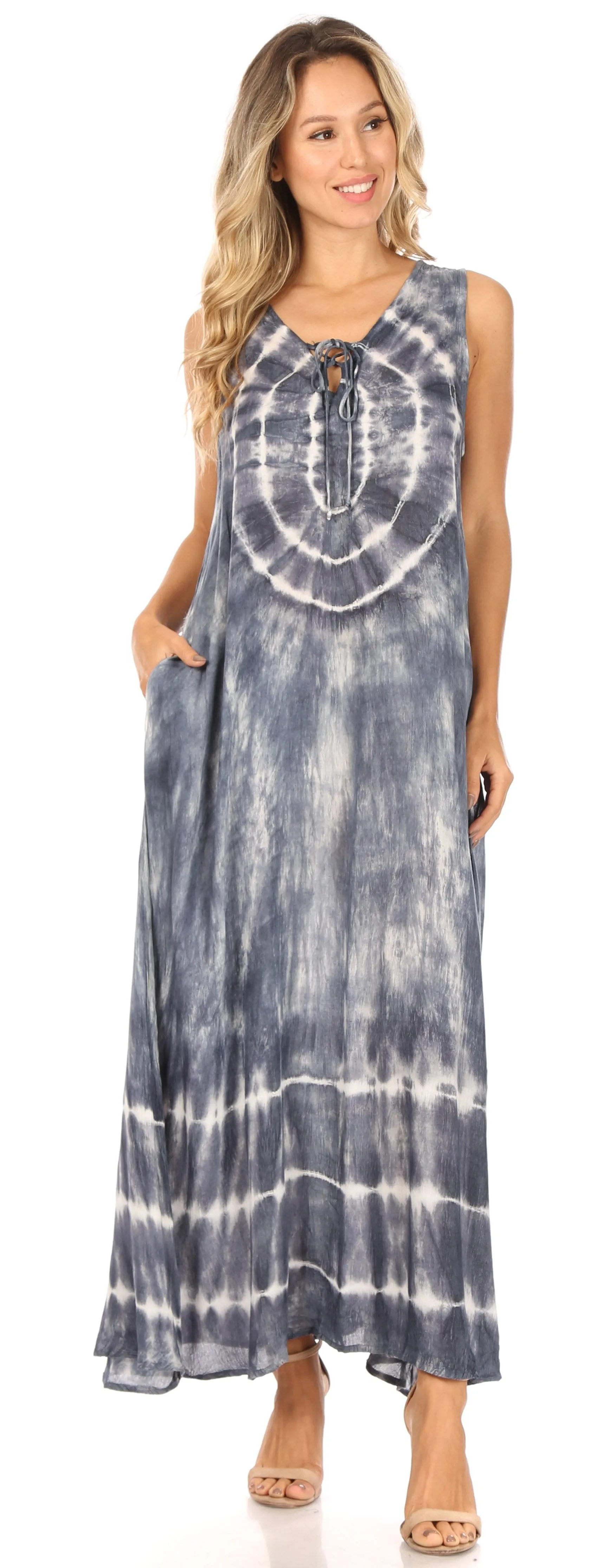 Sakkas Leonor Women's Maxi Sleeveless Tank Long Print Dress with Pockets and Ties