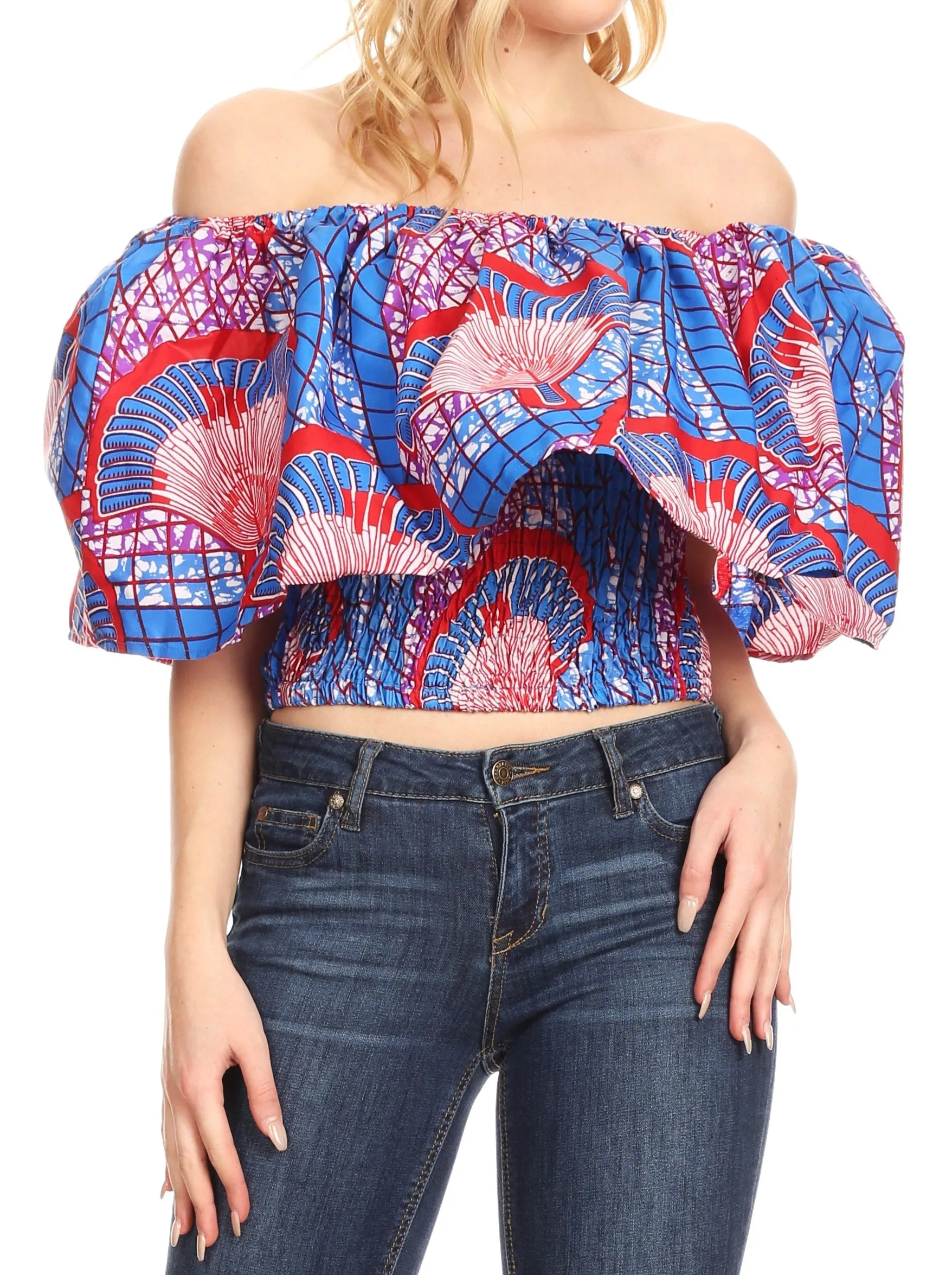 Sakkas Zola Women's Off Shoulder Pullover Blouse Top in African Ankara Wax Print