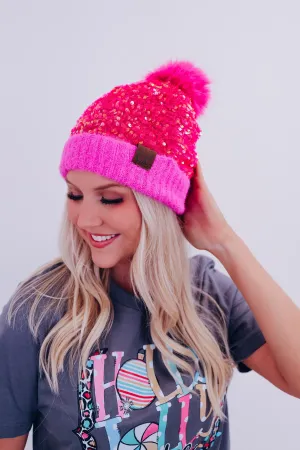 Savvy Sequin Pom Beanie - Hot Pink