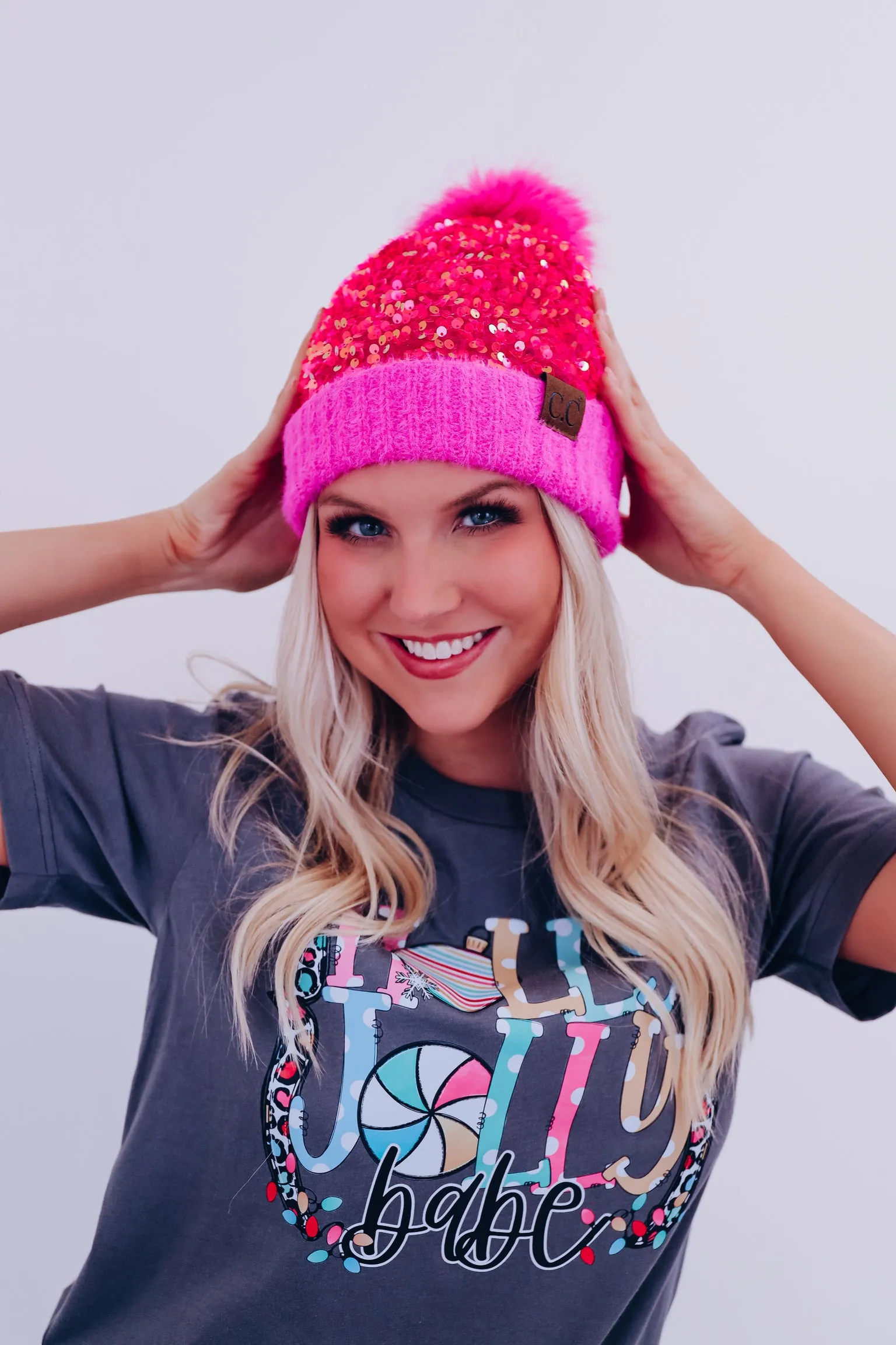 Savvy Sequin Pom Beanie - Hot Pink