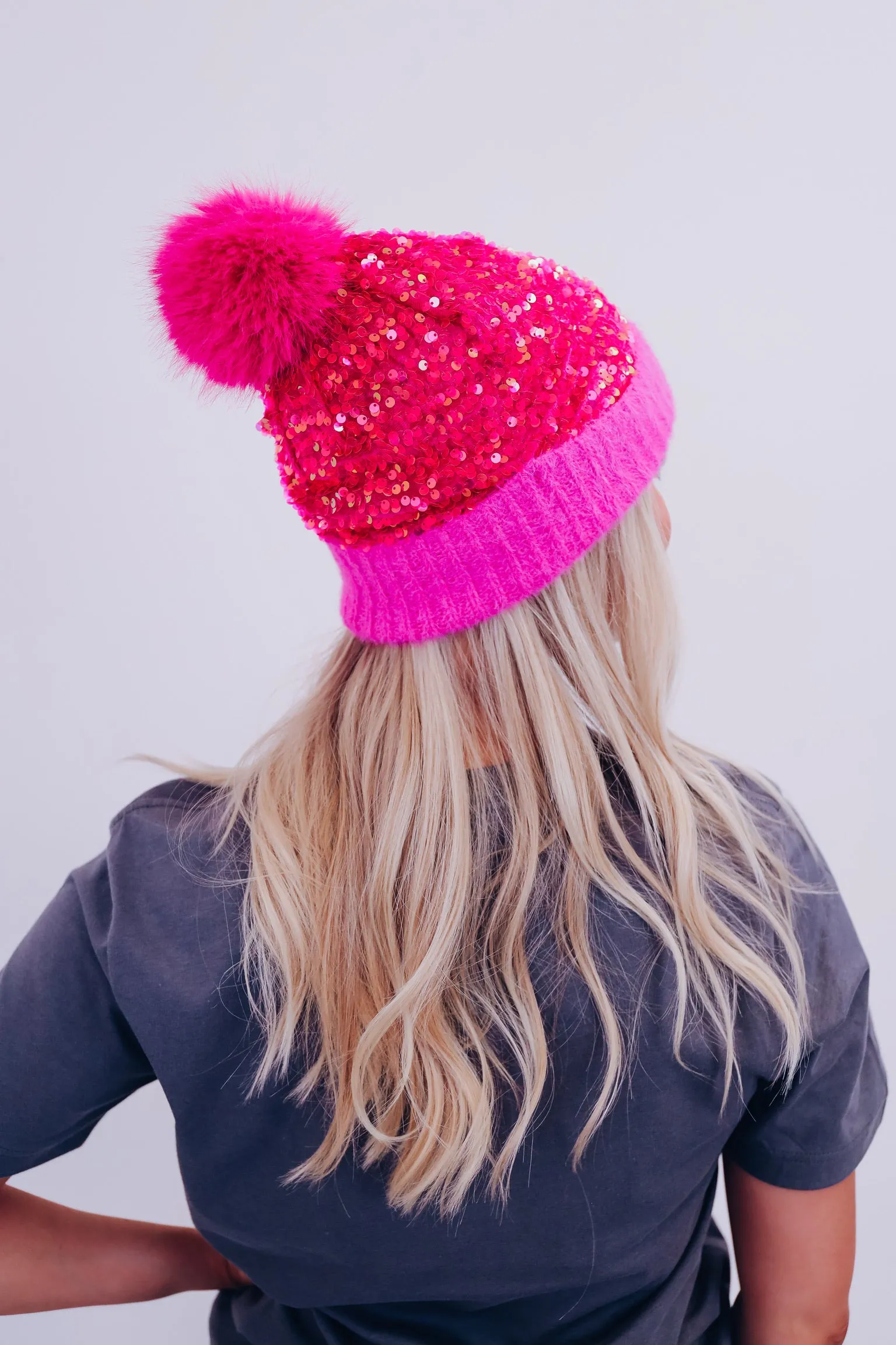 Savvy Sequin Pom Beanie - Hot Pink