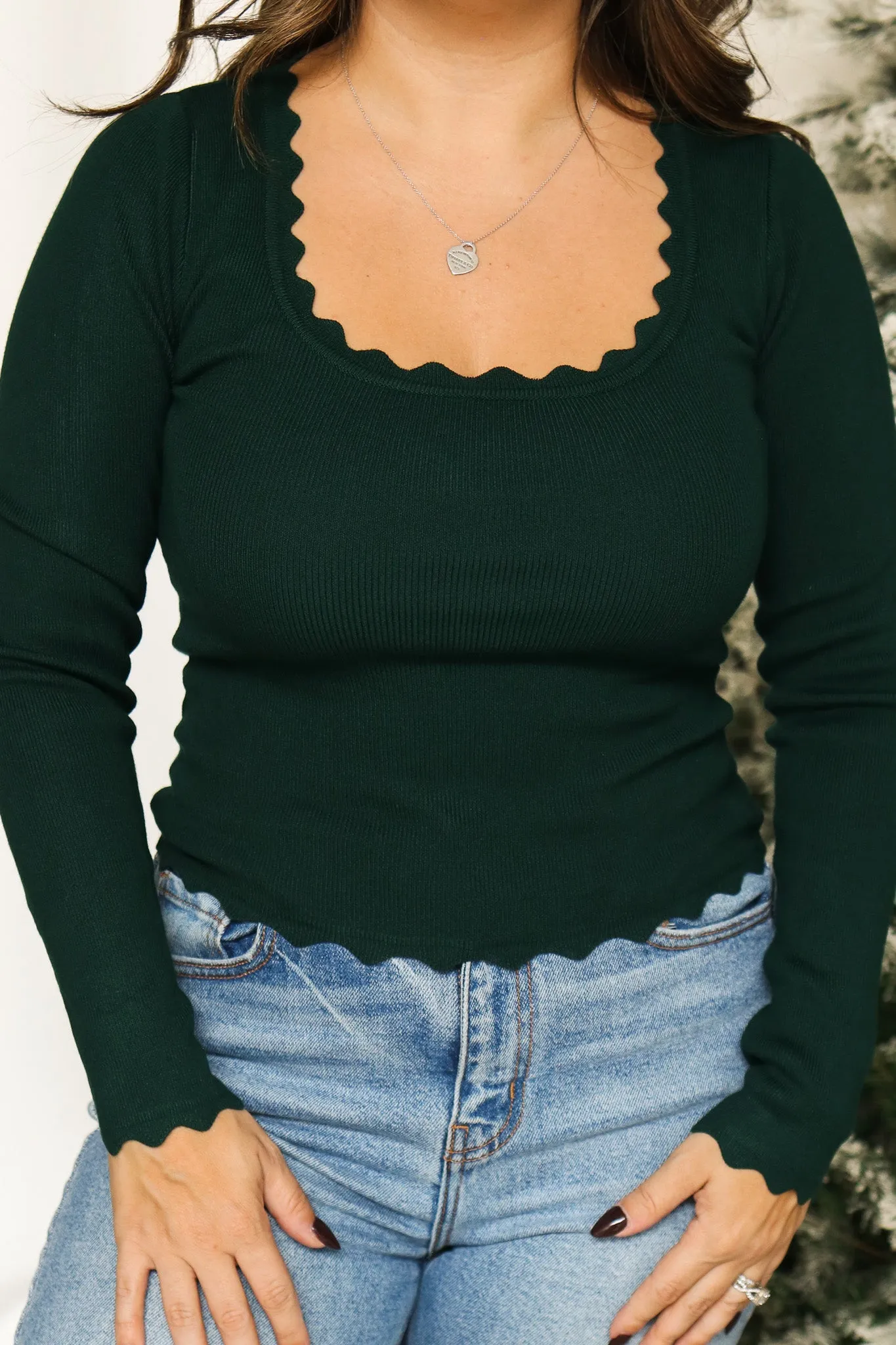 Simply Scalloped Long Sleeve Top (hunter green)