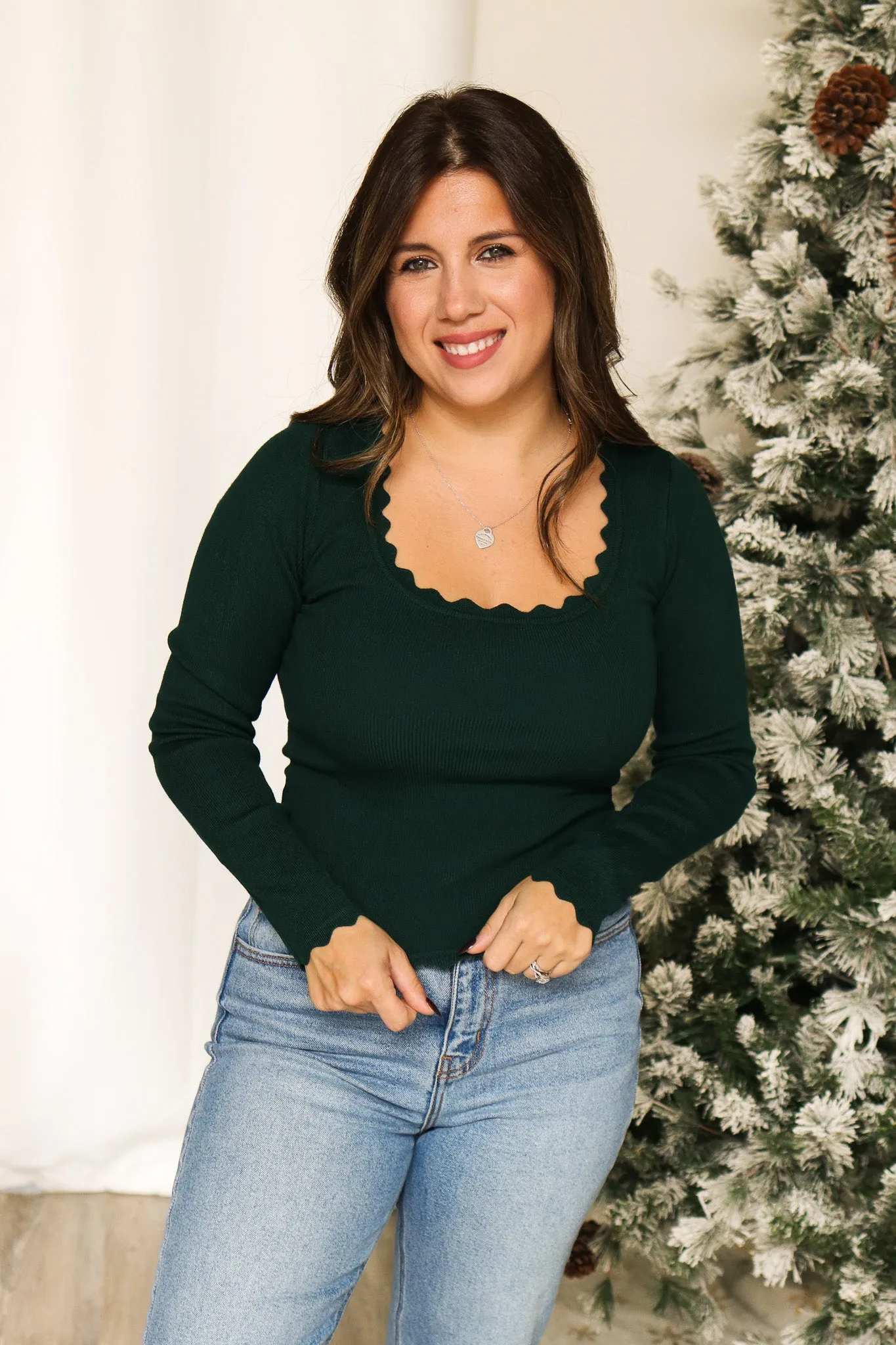 Simply Scalloped Long Sleeve Top (hunter green)