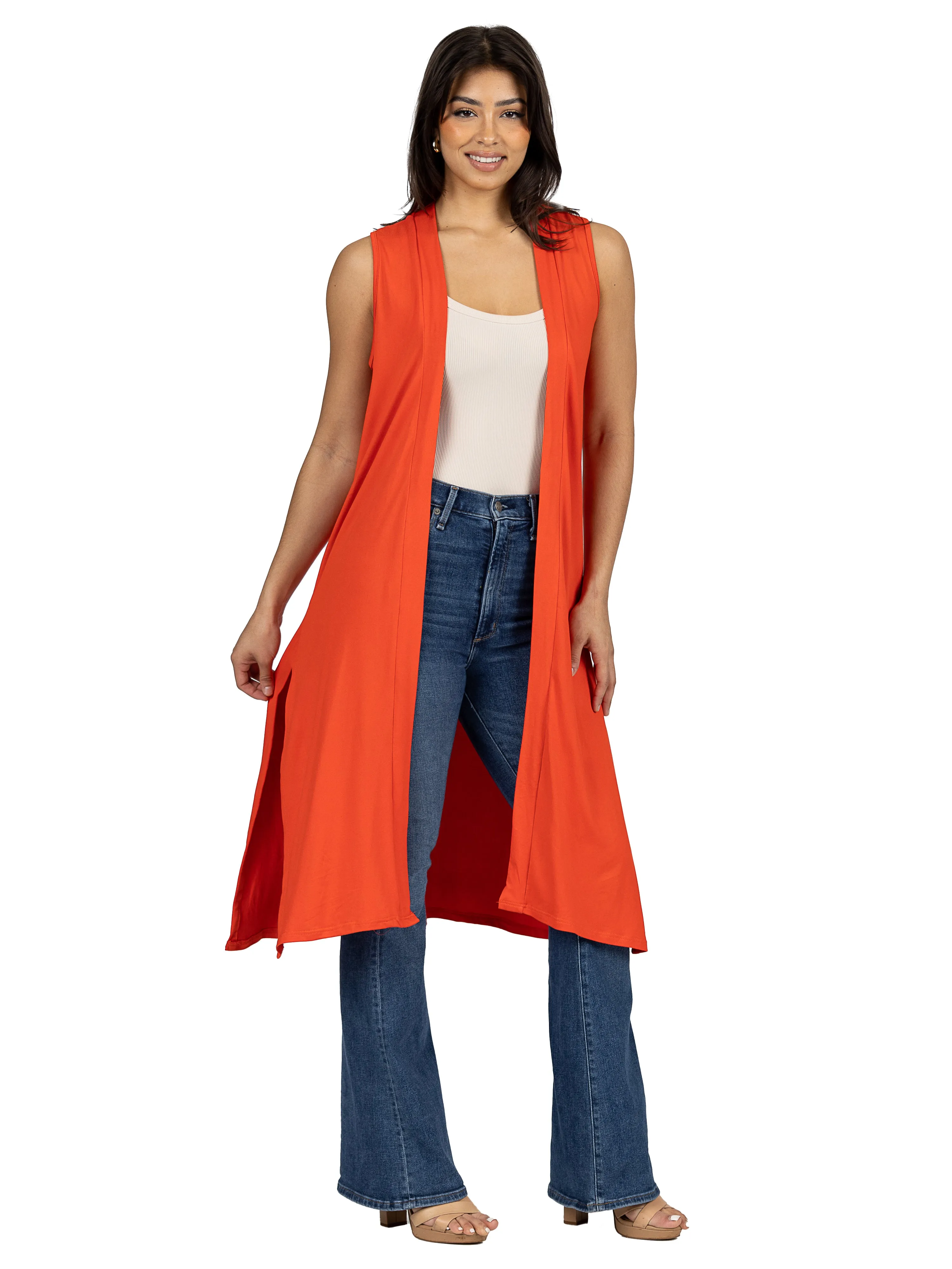 Sleeveless Long Cardigan Vest with Side Slit