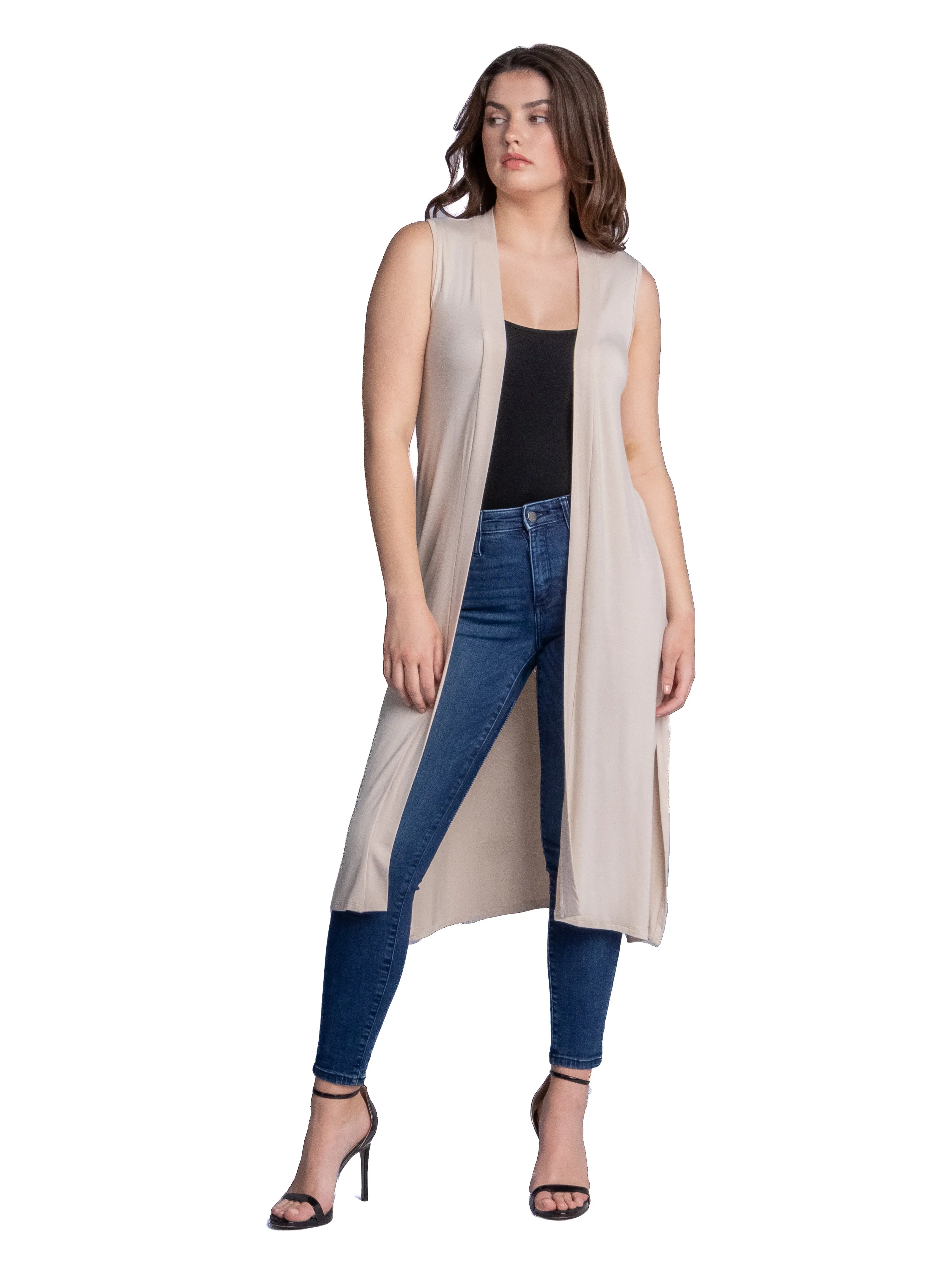 Sleeveless Long Cardigan Vest with Side Slit