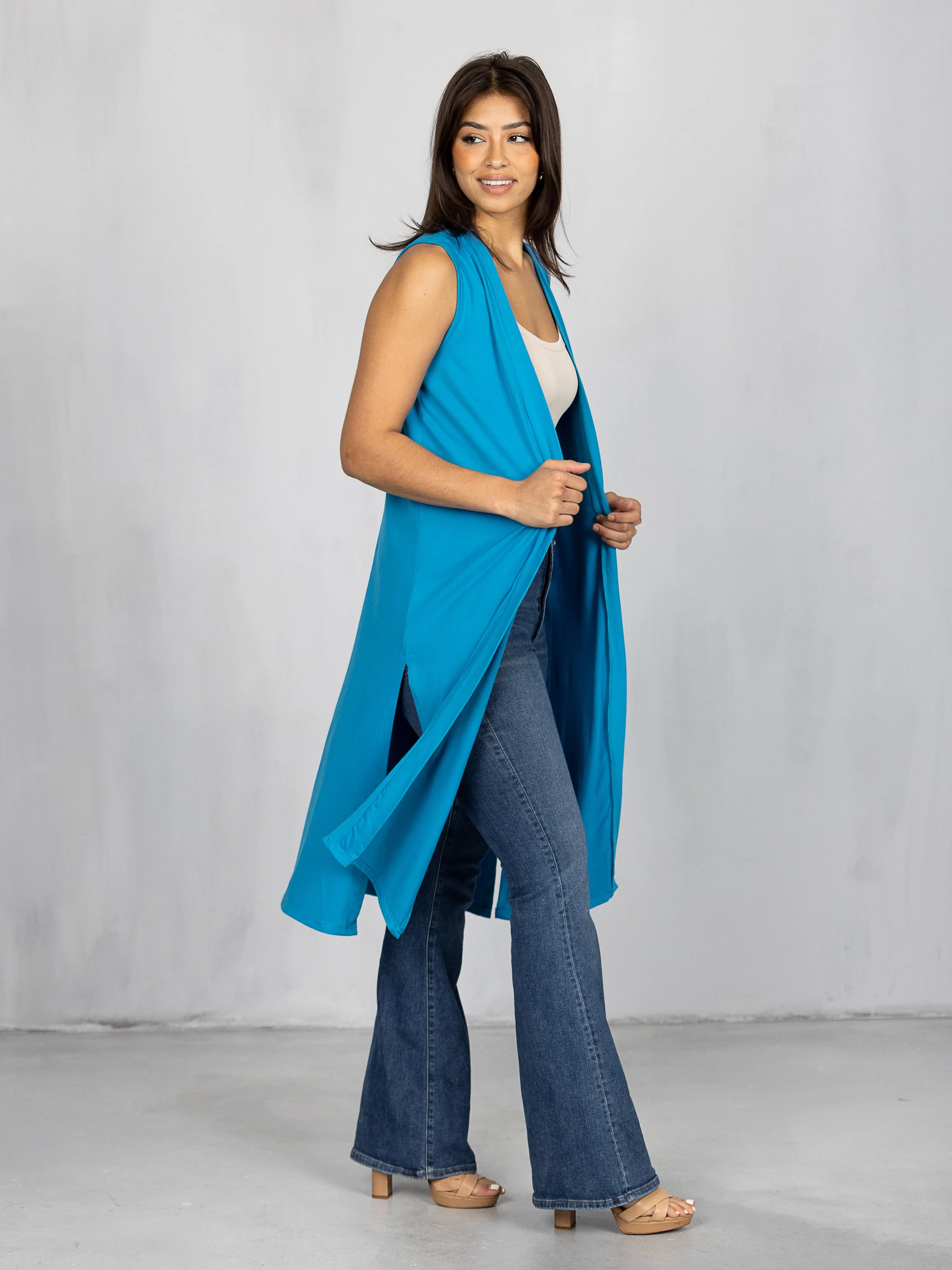 Sleeveless Long Cardigan Vest with Side Slit