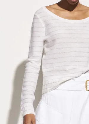 Striped Cashmere Double Scoop Neck Pullover in Off White/Heather Grey