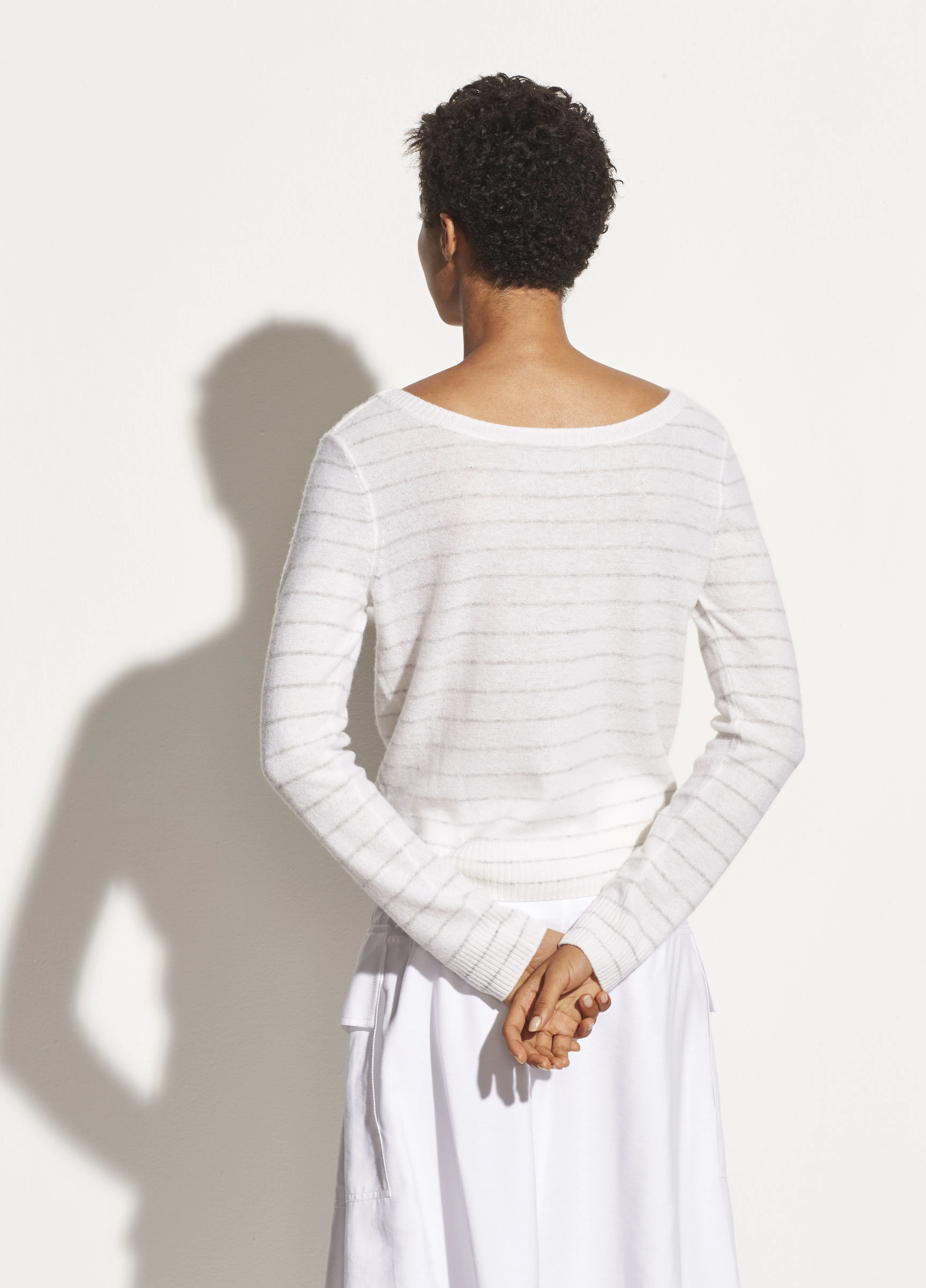 Striped Cashmere Double Scoop Neck Pullover in Off White/Heather Grey