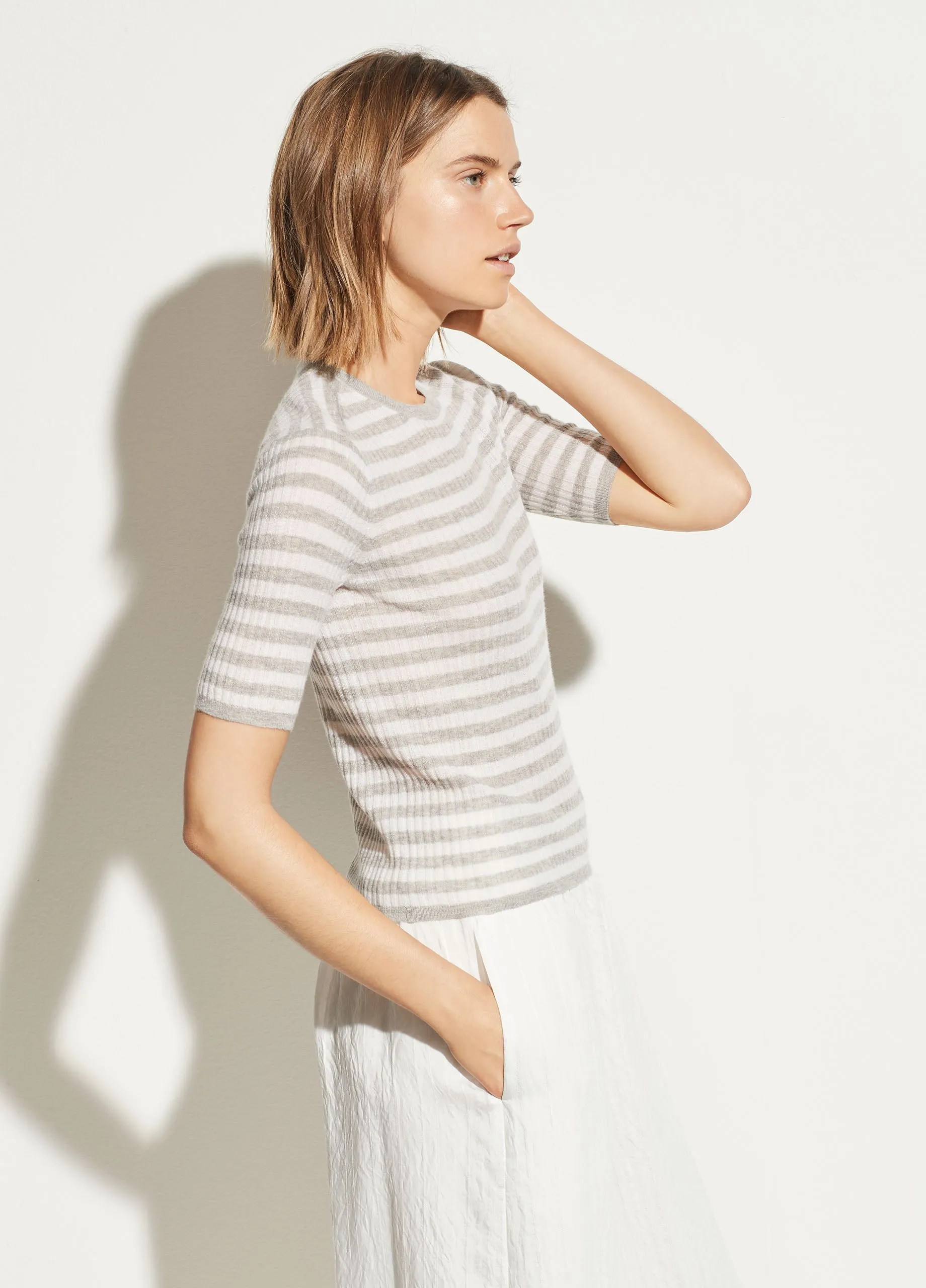 Striped Cashmere Elbow Sleeve Pullover in Grey/Off White