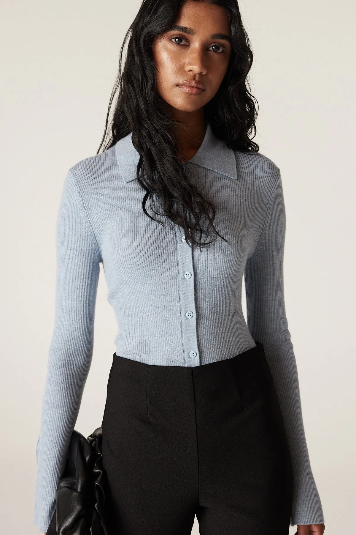 Superfine Rib Polo Cardigan - Ice Blue