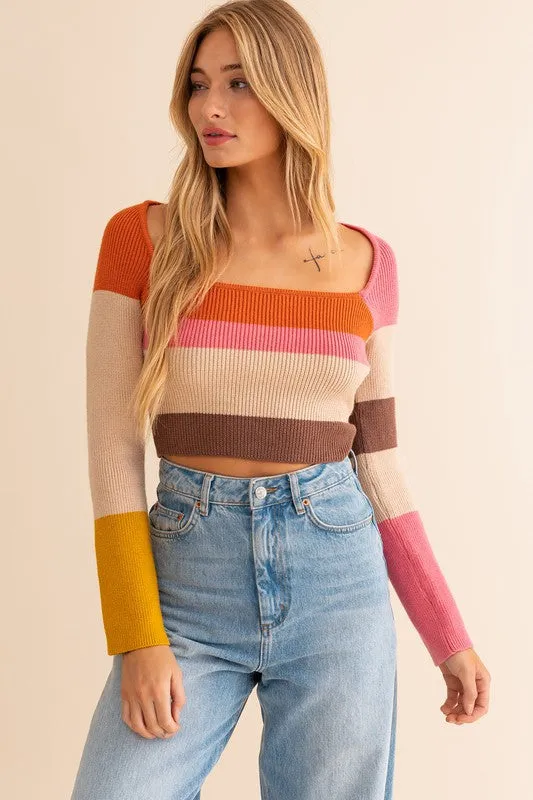 TEEK - Rust-Multi Wide Square Stripe Knit Top