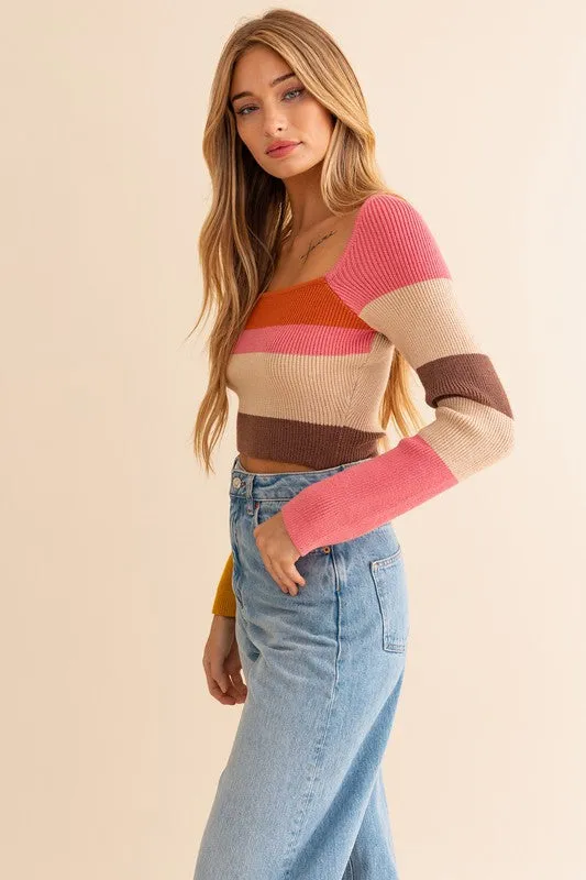 TEEK - Rust-Multi Wide Square Stripe Knit Top