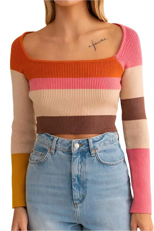 TEEK - Rust-Multi Wide Square Stripe Knit Top