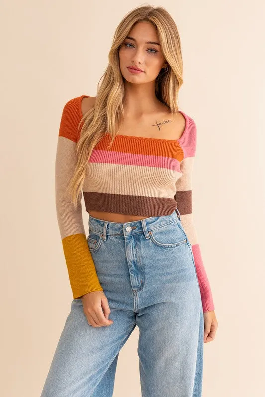 TEEK - Rust-Multi Wide Square Stripe Knit Top