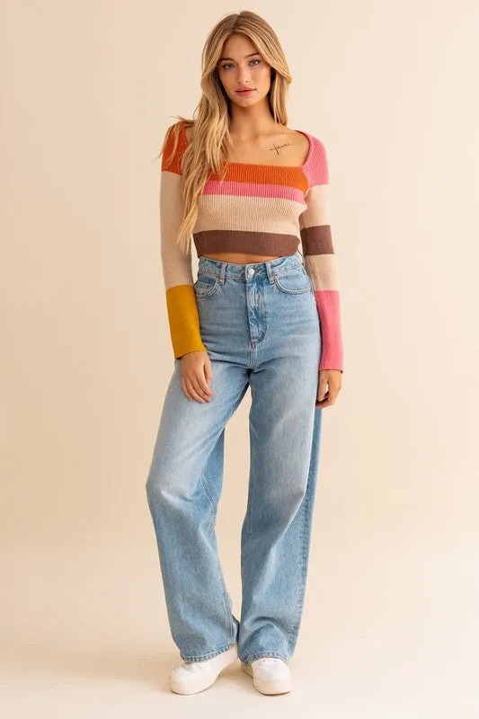 TEEK - Rust-Multi Wide Square Stripe Knit Top