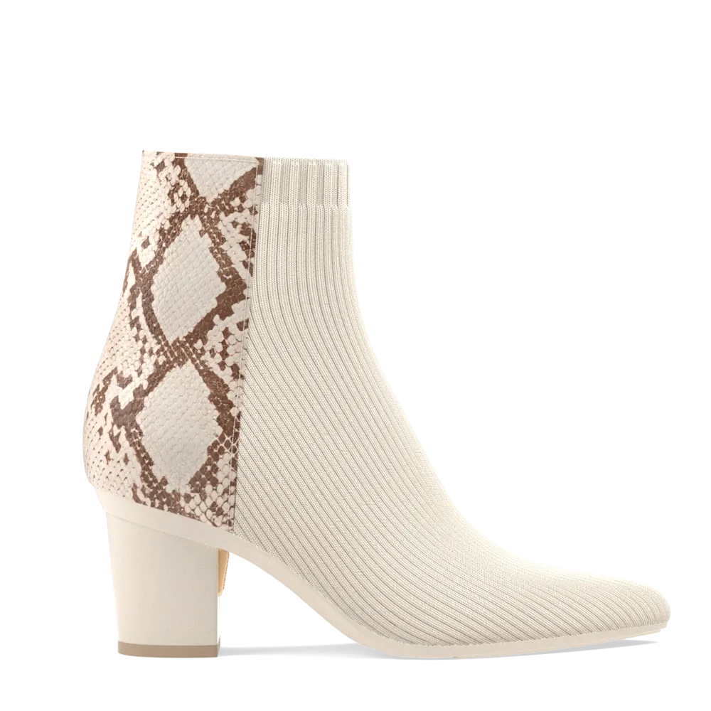 The Bootie - Ivory Snakeskin & Knit 3 Block