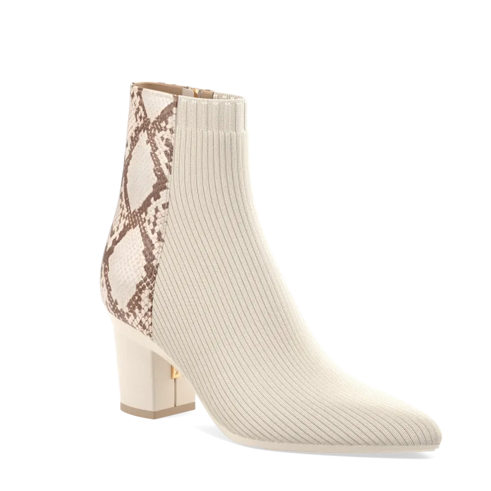 The Bootie - Ivory Snakeskin & Knit 3 Block