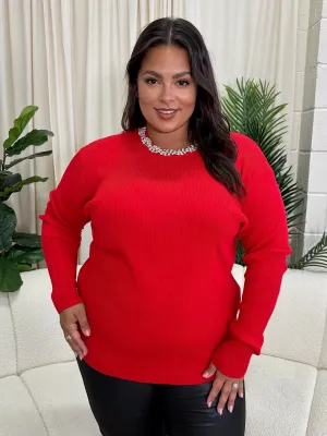 Tiff Red Crystal Neck Detailed Ribbed Plus Size Jumper