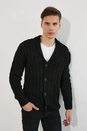 Traz Cool Men's Black Hair Knit Shawl Collar Cardigan