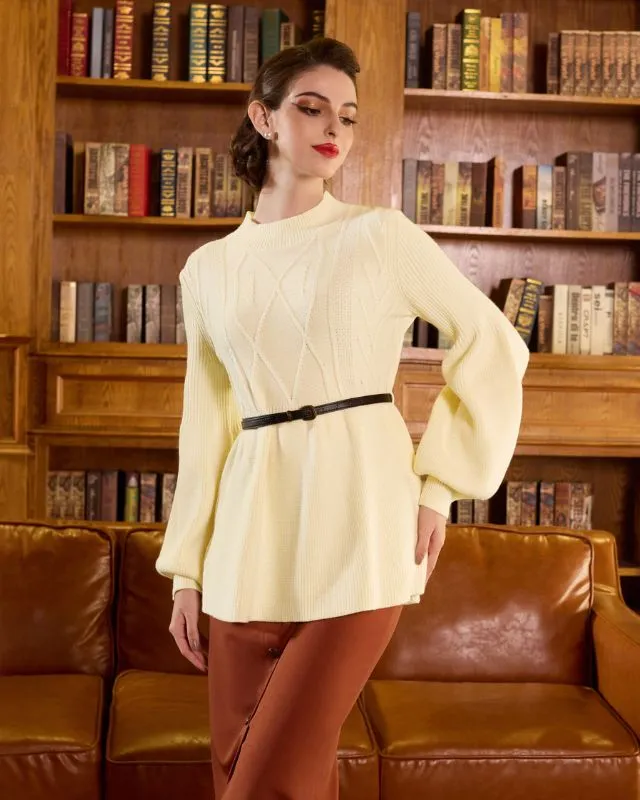 Vintage Mock Neck Lantern Sleeve Sweater Cable Knitted Sweater Peplum Sweater with Belt