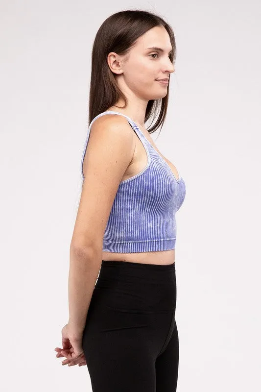 Washed Ribbed Cropped V-Neck Tank Top