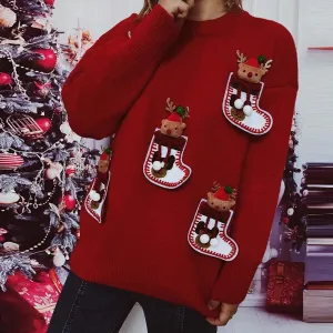 Wenkouban-Christmas Thanksgiving outfits_Cute Elk 3D Decoration Round Neck Long Sleeve Knit Pullover Christmas Sweater