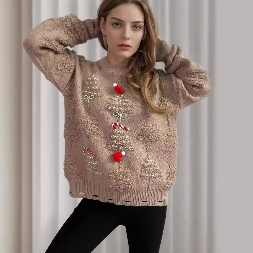 Wenkouban-Christmas Thanksgiving outfits_Korean Style O Neck Casual Loose Jumper Chic Bow Christmas Christmas Sweater