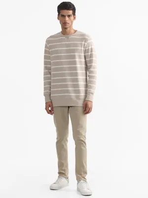 WES Casuals Striped Beige Cotton Blend Slim-Fit Sweater