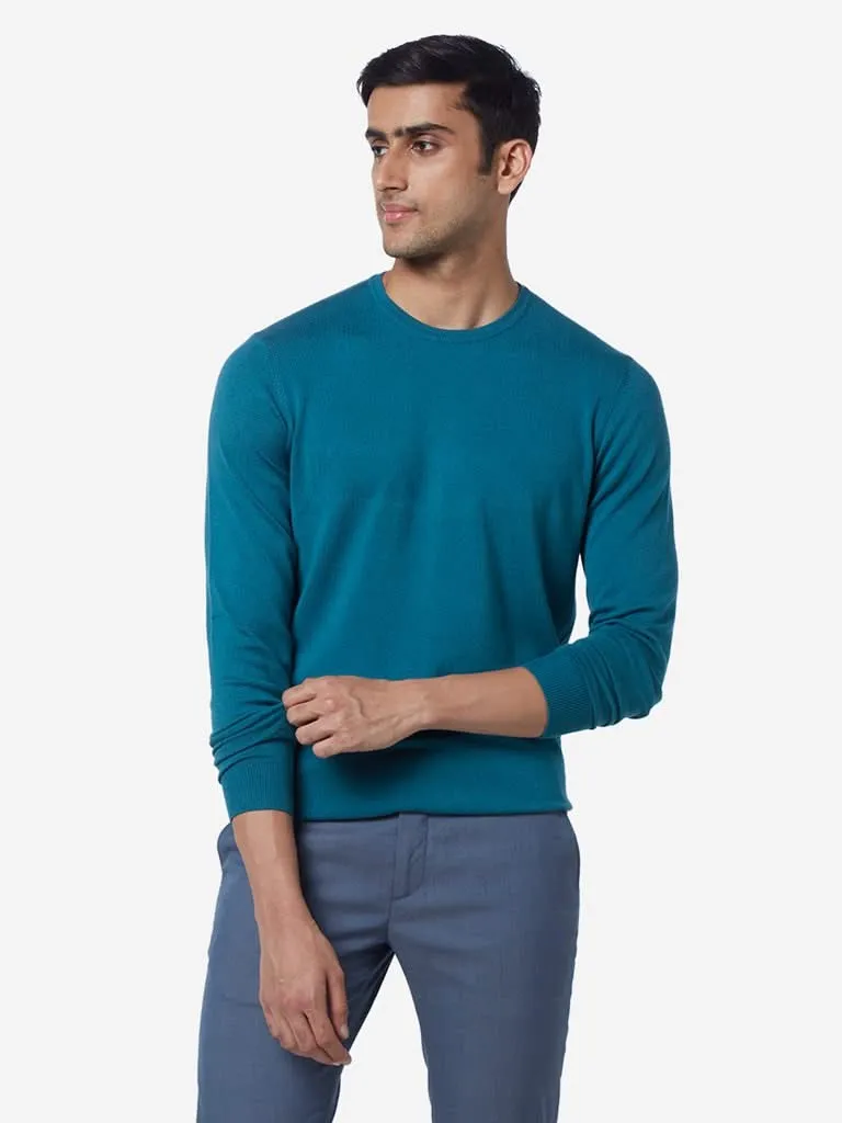 WES Formals Teal Slim-Fit Knitted Sweater