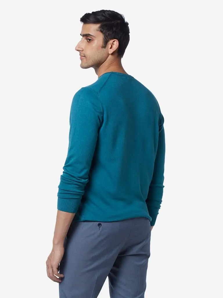 WES Formals Teal Slim-Fit Knitted Sweater