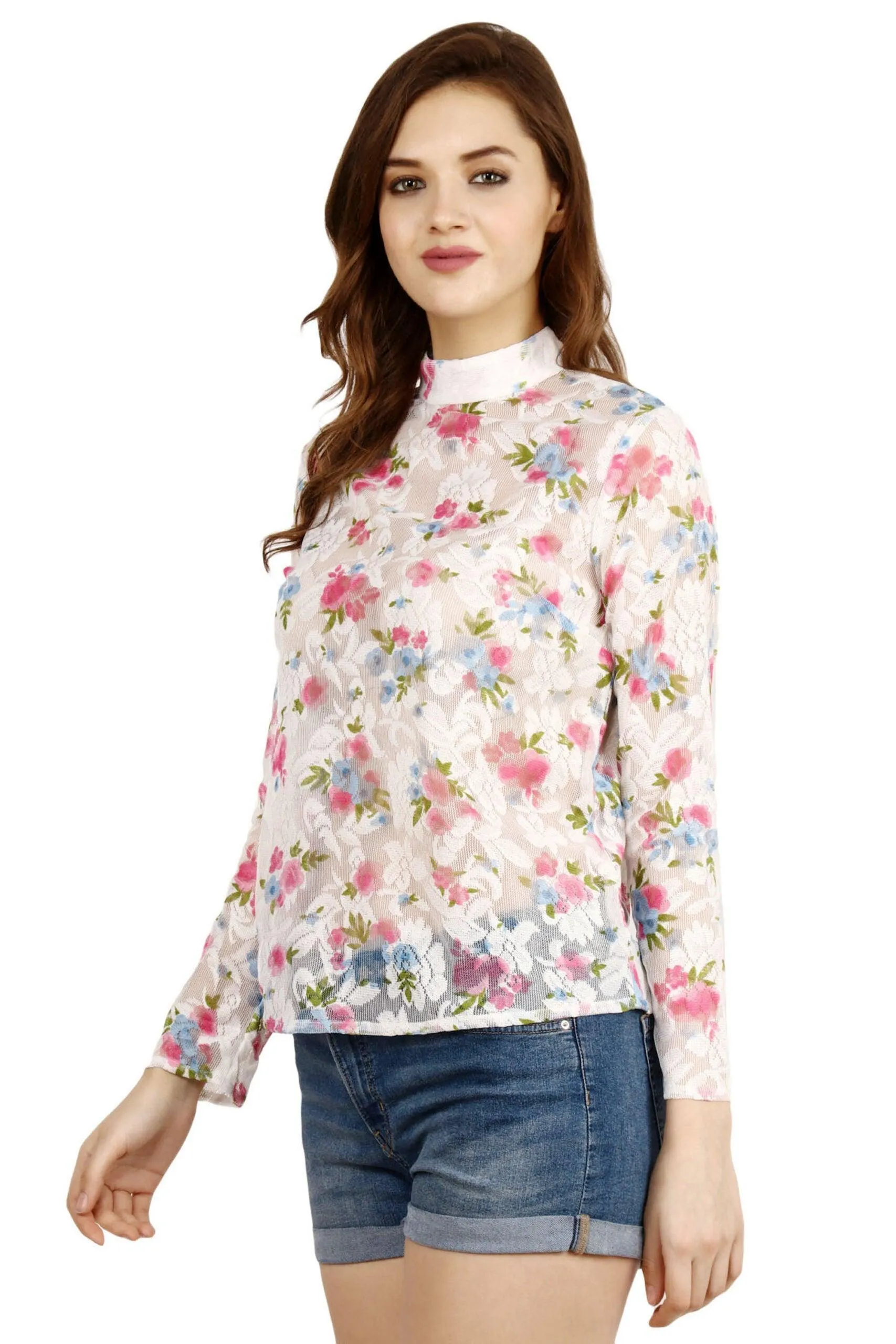 White Floral Printed High Neck Top