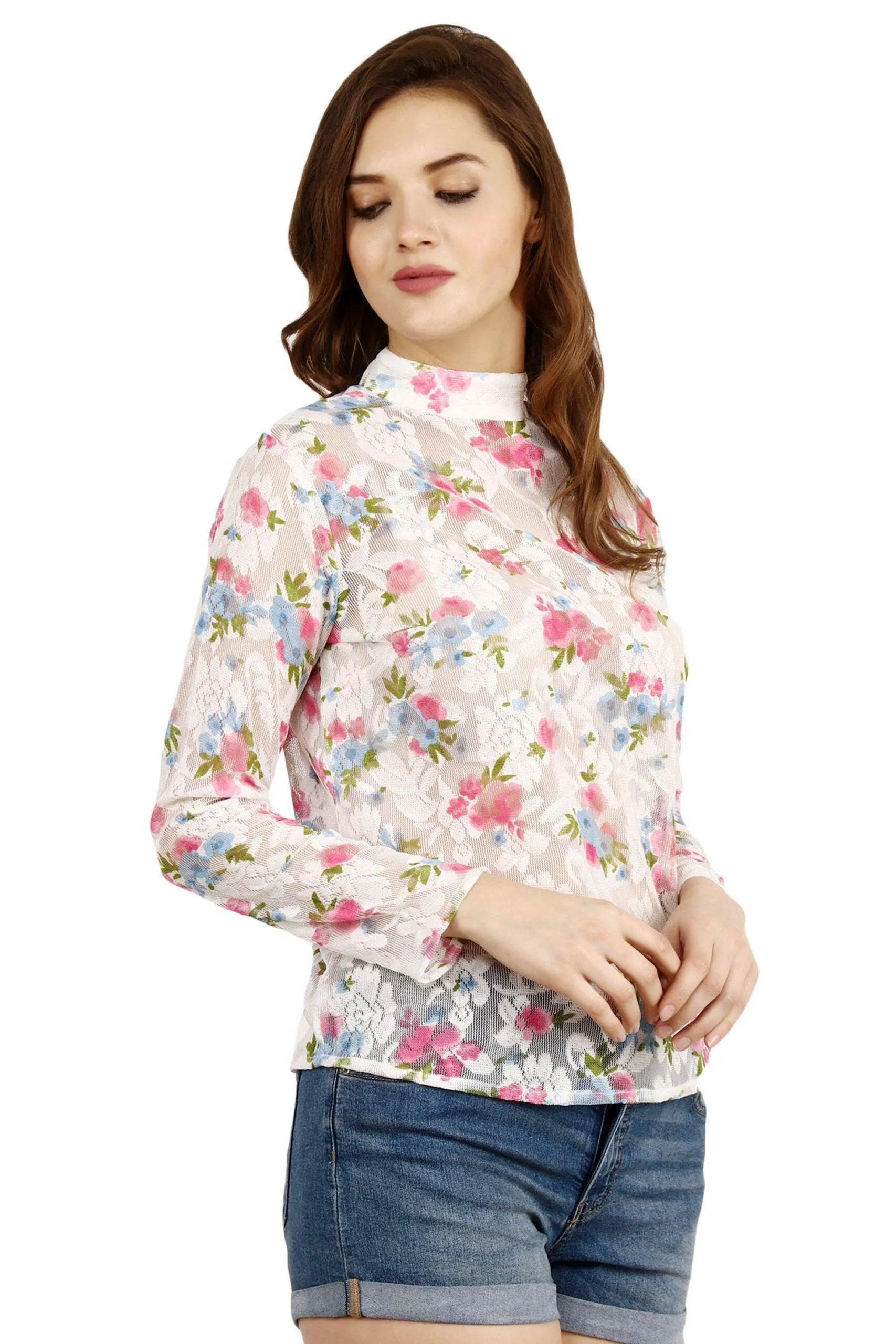 White Floral Printed High Neck Top