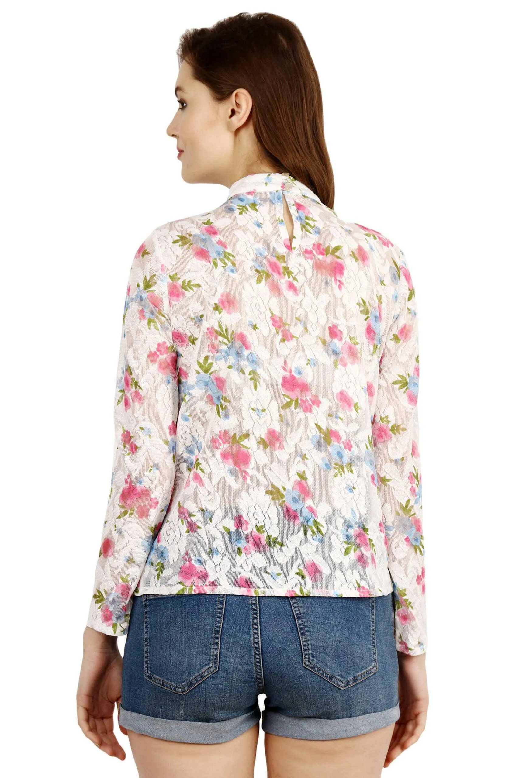 White Floral Printed High Neck Top