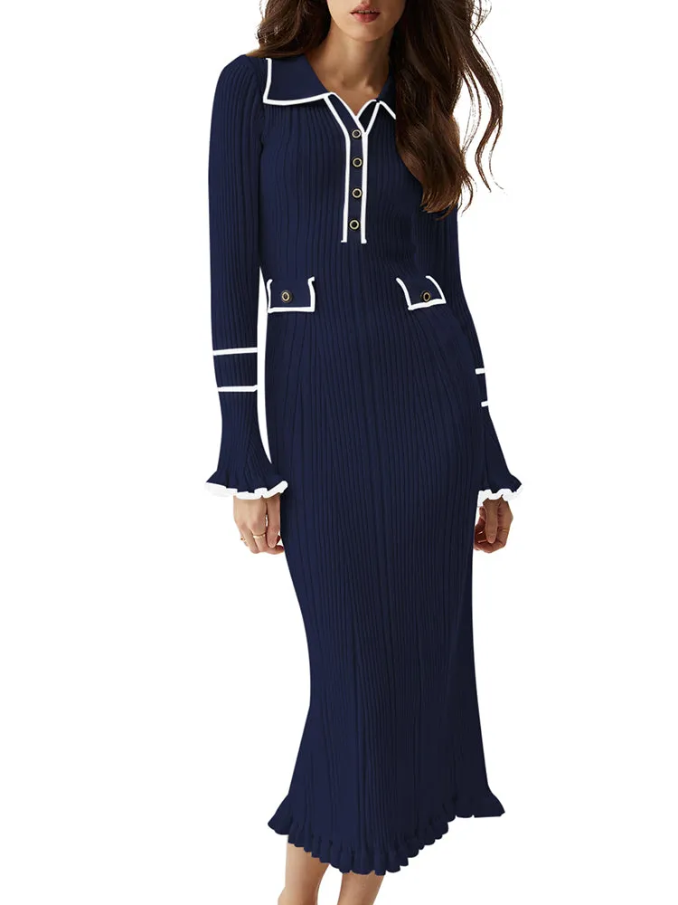 Women's Half Button Collar Sweater Dress Long Sleeve Ruffle Ribbed Knit Maxi Pencil Dress