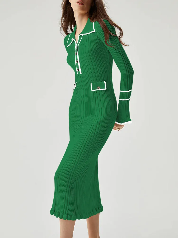 Women's Half Button Collar Sweater Dress Long Sleeve Ruffle Ribbed Knit Maxi Pencil Dress